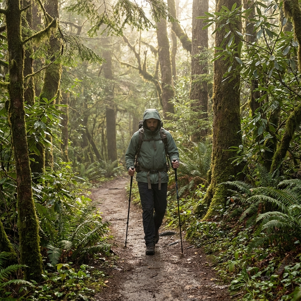 WTX LT rain jacketを着た登山者が、緑豊かな樹林帯を歩く写真。ジャケットのソフトな質感が伝わるように。