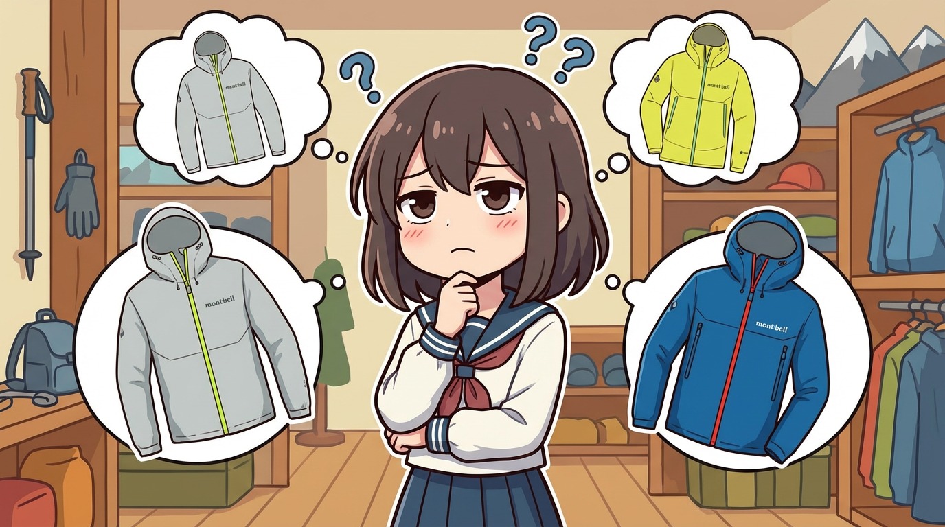モンベルのレインウェアの主なモデルを示すイラスト。